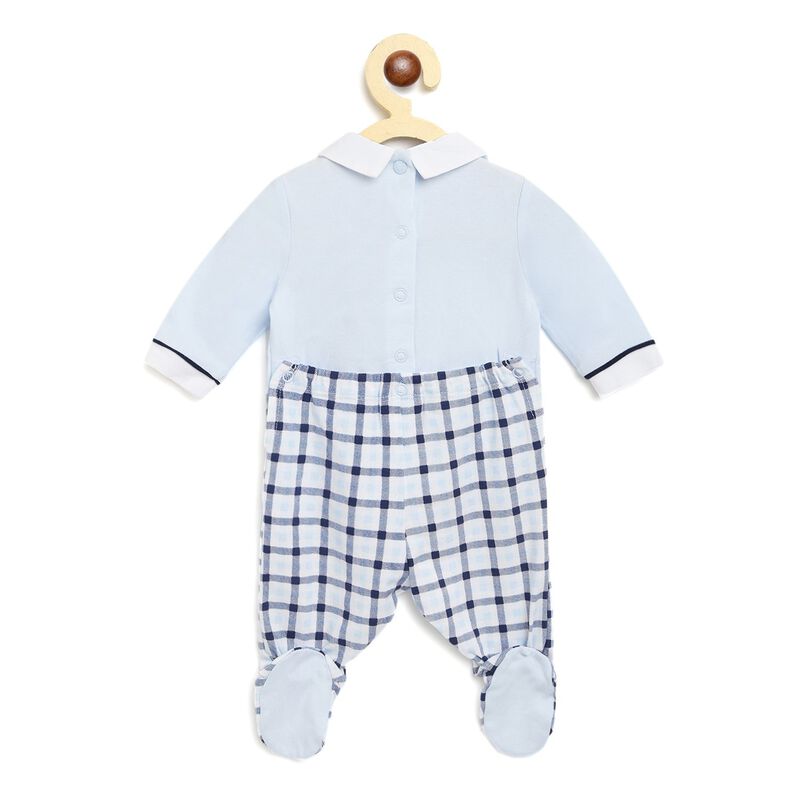 Boys Light Blue Checkered Nappy Opening Babysuit image number 1